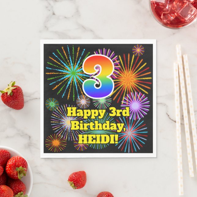 Serviette En Papier 3ème anniversaire : Fun Motif Fireworks + Rainbow  (En situation)
