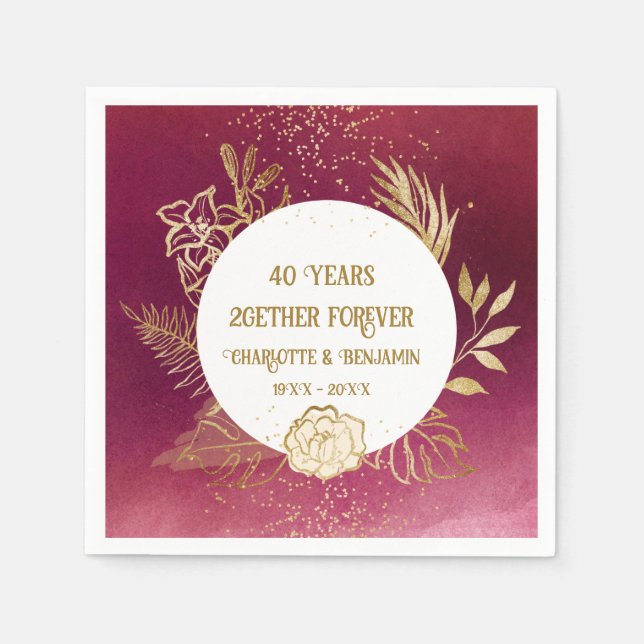 Serviette En Papier  40 ans Anniversaire de Mariage Fleur Or Rubis  (Devant)