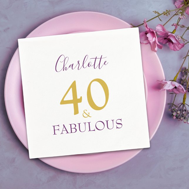 Serviette En Papier 40 et fabuleux Elégant 40e anniversaire (40 & fabulous stylish minimalist purple and gold typography personalized paper napkins )