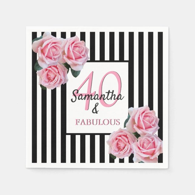 Serviette En Papier 40 fabuleux anniversaire rose noir rayures blanche (Devant)