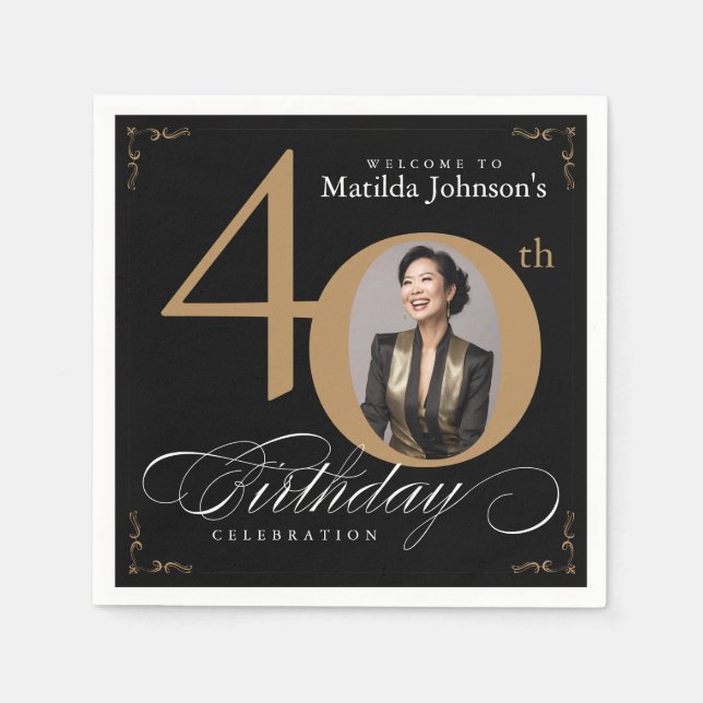 Serviette En Papier 40e anniversaire Black Gold Calligraphy Photo pers (Devant)