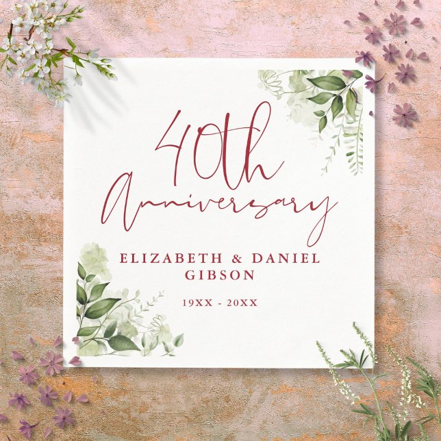 Serviette En Papier 40e Anniversaire de Mariage Feuillage Floral (40th Wedding Anniversary Greenery Floral Napkins)