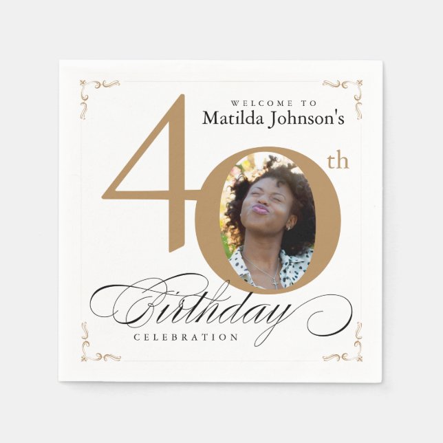 Serviette En Papier 40e anniversaire Gold White Calligraphie personnal (Devant)