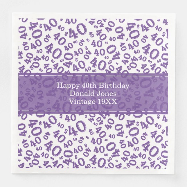 Serviette En Papier 40e anniversaire Numéro d'âge Motif pourpre/blanc (Devant)