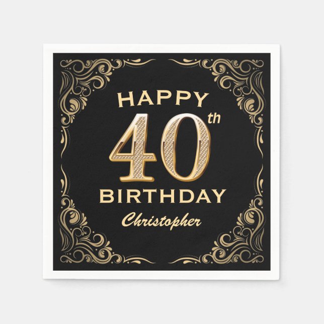 Serviette En Papier 40e anniversaire Parties scintillant noir et or ca (Devant)