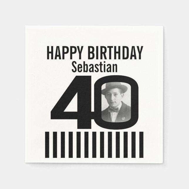 Serviette En Papier 40e anniversaire photo noir rayures photo serviett (Devant)