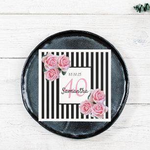 Serviette En Papier 40e anniversaire rose roses noir blanc rayures