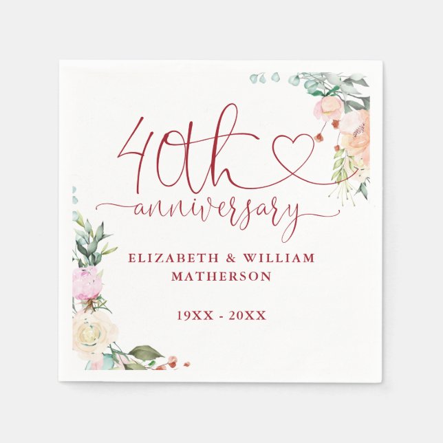 Serviette En Papier 40e anniversaire Ruby Heart Roses Floral (Devant)