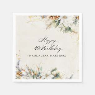 Serviette En Papier 40e fête d'anniversaire Blanc hiver Floral personn