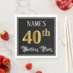 Serviette En Papier 40th Birthday Party — Fancy Script, Faux Gold Look<br><div class="desc">This ornate and opulent birthday themed paper napkin design features a customizable name and the message “40th Birthday Party”. The large number “40th” has an imitation/faux gold-inspired coloring pattern, and the words “Birthday Party” are in luxurious script-style text. The background is colored black by default (although it can be customized)....</div>