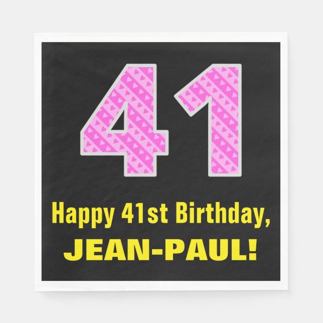 Serviette En Papier 41e anniversaire : Pink Stripes and Hearts "41" +  (Devant)