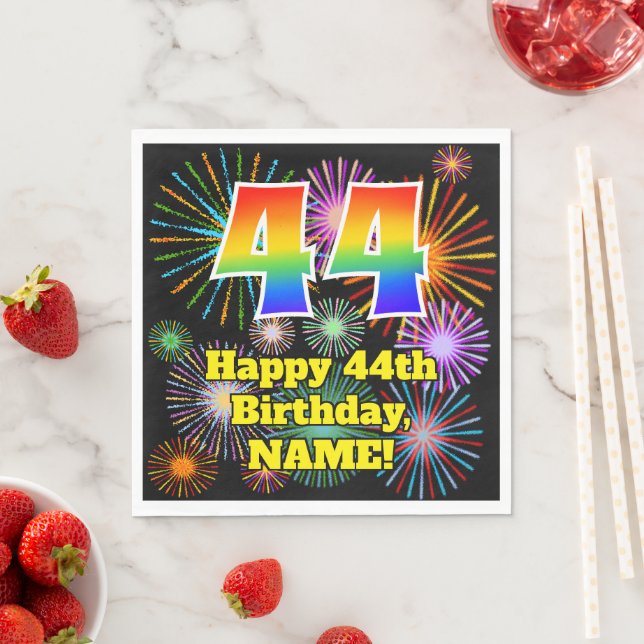 Serviette En Papier 44ème anniversaire : Fun Fireworks Motif + Rainbow (En situation)
