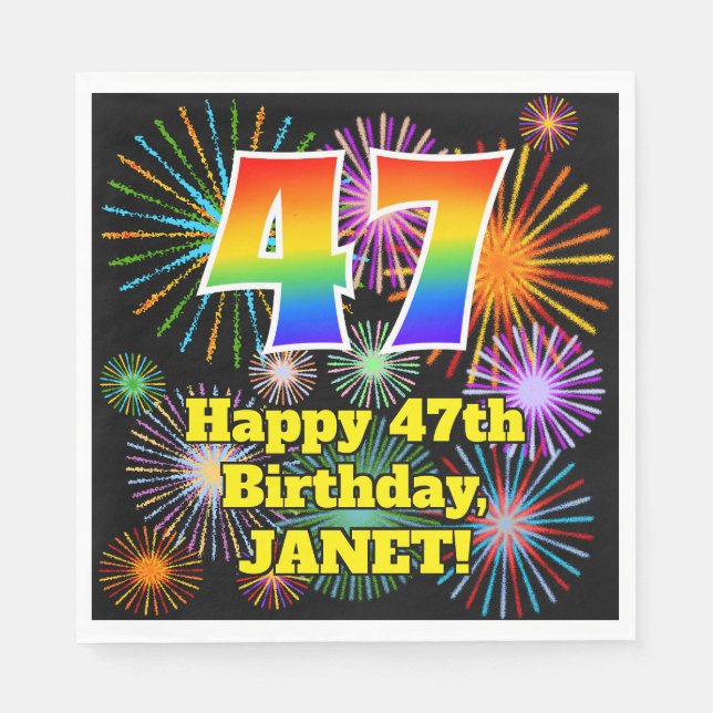 Serviette En Papier 47ème anniversaire : Fun Fireworks Motif + Rainbow (Devant)
