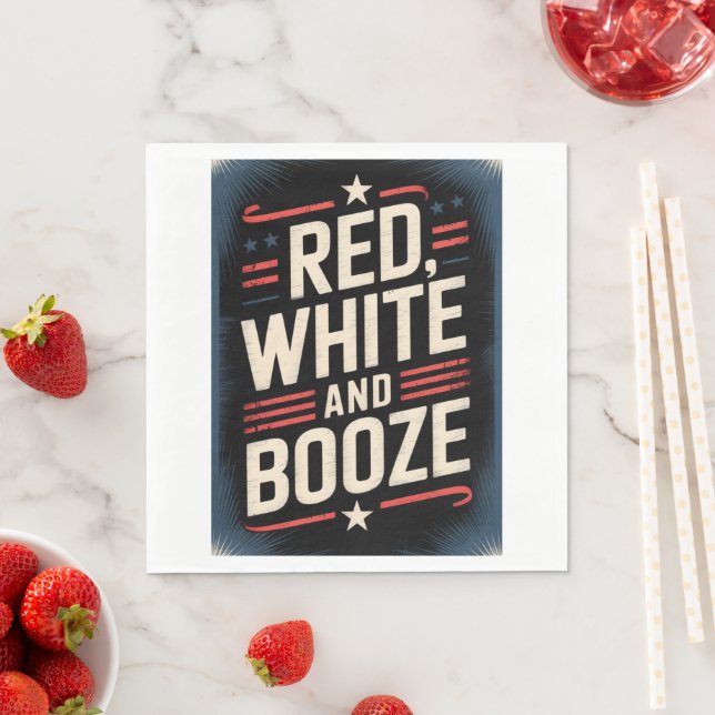 Serviette En Papier 4 juillet Booze | Blanc rouge et Booze (En situation)