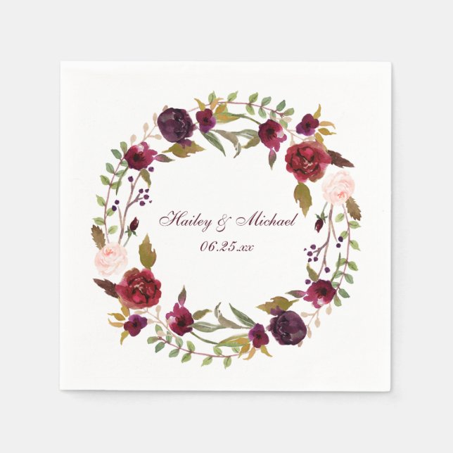 Serviette En Papier #4 Marsala Burgundy Roses Blanches Feuilles Wreath (Devant)