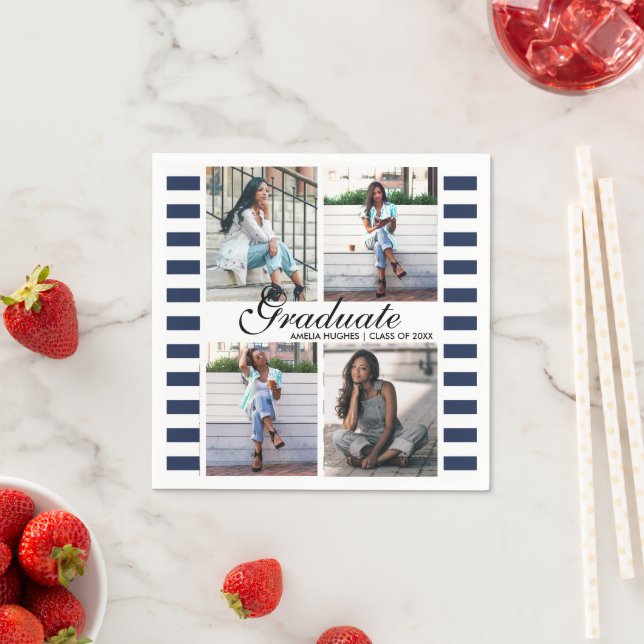 Serviette En Papier 4 Photo Collage Stripes Graduation Party (En situation)