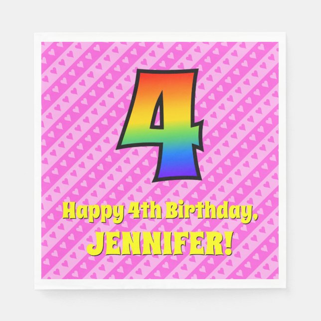 Serviette En Papier 4e anniversaire : Pink Stripes & Hearts, Rainbow # (Devant)