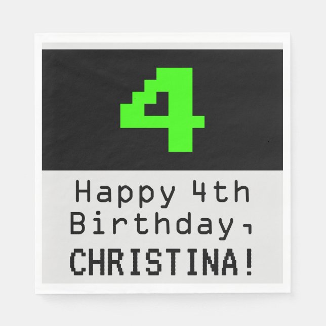 Serviette En Papier 4e Anniversaire - Style Nerd / Geek "4" & Nom (Devant)