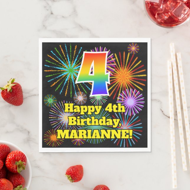 Serviette En Papier 4ème anniversaire : Fun Motif Fireworks + Rainbow  (En situation)