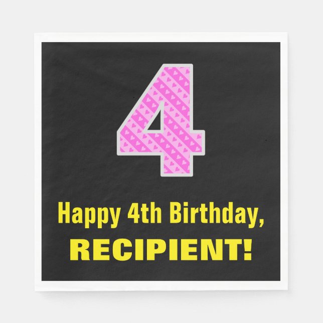 Serviette En Papier 4ème anniversaire : Pink Stripes and Hearts "4" +  (Devant)