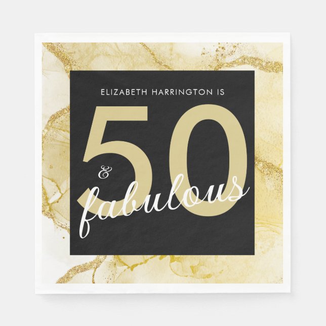 Serviette En Papier 50 Et Fabuleux Anniversaire Noir Or (Devant)