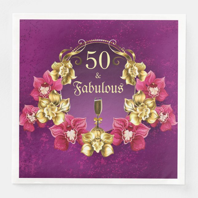 Serviette En Papier 50 Et fabuleux Orchidées roses d'or et Champagne (Devant)