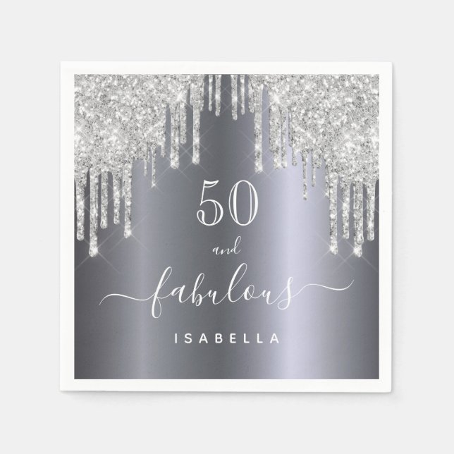 Serviette En Papier 50 fabuleux anniversaire parties scintillant argen (Devant)