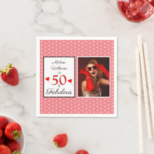 Serviette En Papier 50 & Fabuleux Nom Photo Rouge 50e Anniversaire Ros