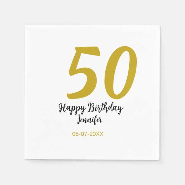 Serviette En Papier 50e anniversaire ajouter nom date année noire modè (Devant)