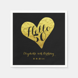 Serviette En Papier 50e anniversaire Bonjour 50 Noir   Cœur en faux or