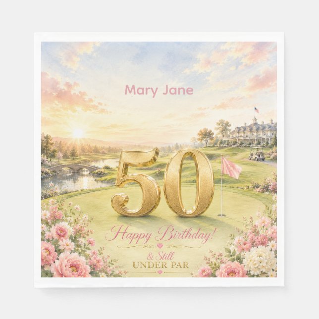 Serviette En Papier 50e anniversaire de golf pour golfeuse thème rose (Devant)