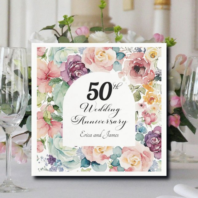 Serviette En Papier 50e anniversaire de Mariage Élégant script floral (Créateur téléchargé)