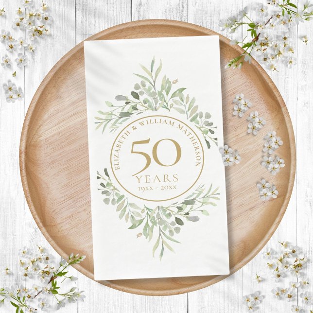 Serviette En Papier 50e anniversaire de mariage feuilles de verdure or (50th Wedding Anniversary Gold Greenery Leaves Paper Guest Towels)