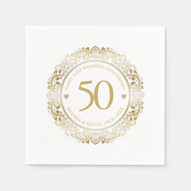 Serviette En Papier 50e anniversaire de Mariage Gold Floral Frame 2 (Devant)