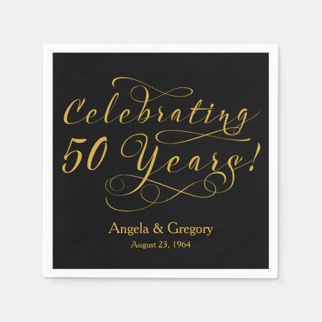 Serviette En Papier 50e anniversaire de Mariage personnalisé Gold Noir (Devant)