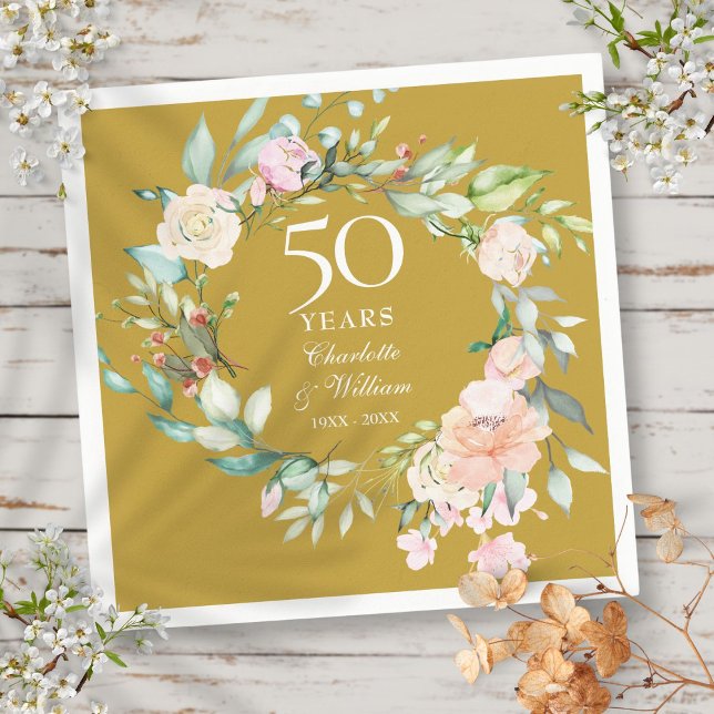Serviette En Papier 50e anniversaire de Mariage Rose Floral Golden (50th Wedding Anniversary Roses Floral Golden Napkins)