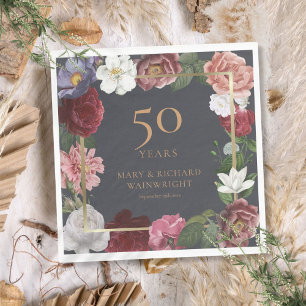 Serviette En Papier 50e Anniversaire de Mariage Rose Florale Dorée