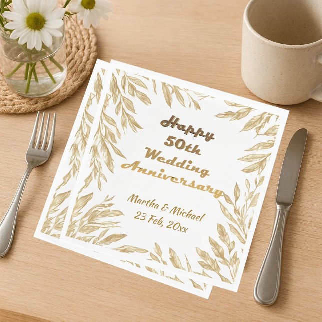 Serviette En Papier 50e Anniversaire de Mariage Typographie Feuillage  (50th Wedding Anniversary Typography Gold Foliage Napkins)
