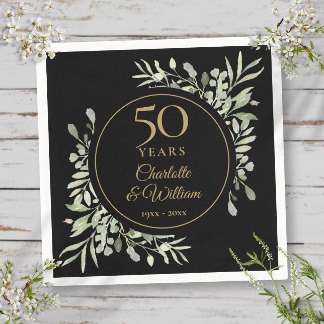 Serviette En Papier 50e anniversaire de Mariage Verdure Noire et Or (50th Wedding Anniversary Black And Gold Greenery Napkins)