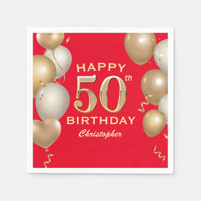 Serviette En Papier 50e Anniversaire des Ballons Rouge et Or (Devant)