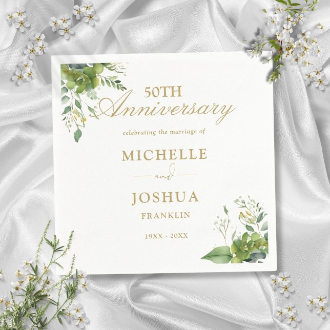 Serviette En Papier 50e anniversaire du Mariage Floral de verdure (Greenery Floral 50th Wedding Anniversary Napkins)
