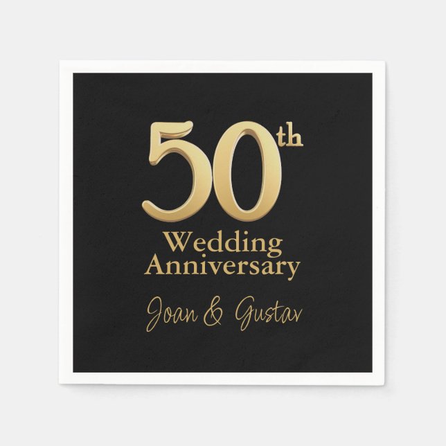 Serviette En Papier 50e anniversaire du Mariage | Lettres d'or | Black (Devant)