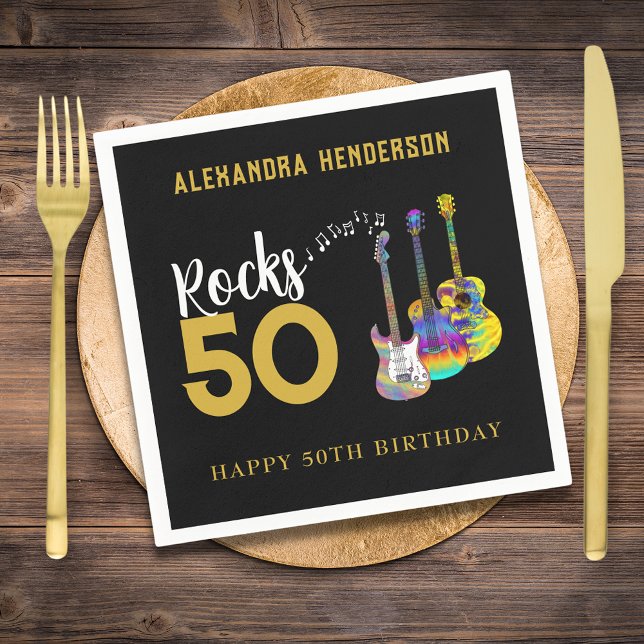 Serviette En Papier 50e Anniversaire Fête Musique Guitare Rocks 50 (Rock and roll guitar black and gold personalized name 50th birthday party paper napkins)