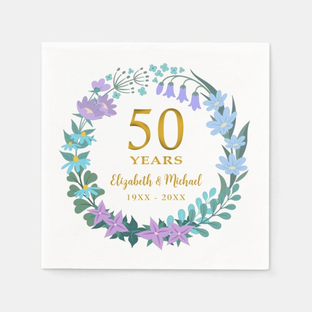 Serviette En Papier 50e anniversaire Golden Floral Bluebells Wreath (Devant)