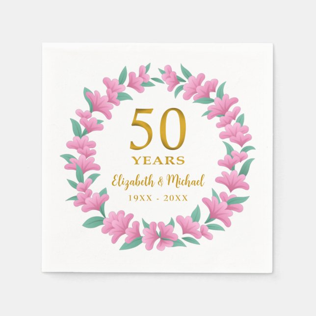 Serviette En Papier 50e anniversaire Golden Pink Floral Wreath (Devant)