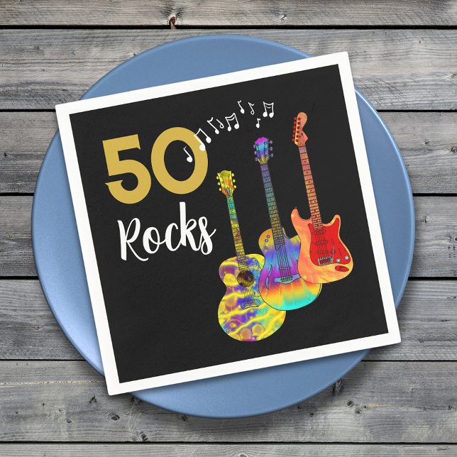 Serviette En Papier 50e anniversaire Guitar Rocks 50 (50 Rocks birthday party napkin for him funky psychedelic guitars gold and black 50th birthday )
