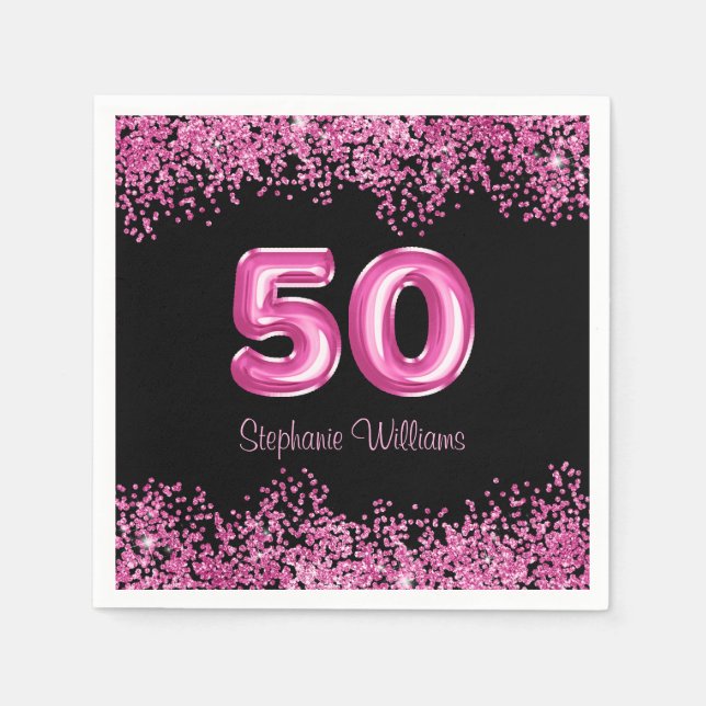 Serviette En Papier 50e anniversaire Hot Pink Balloons Gllitter Party (Devant)