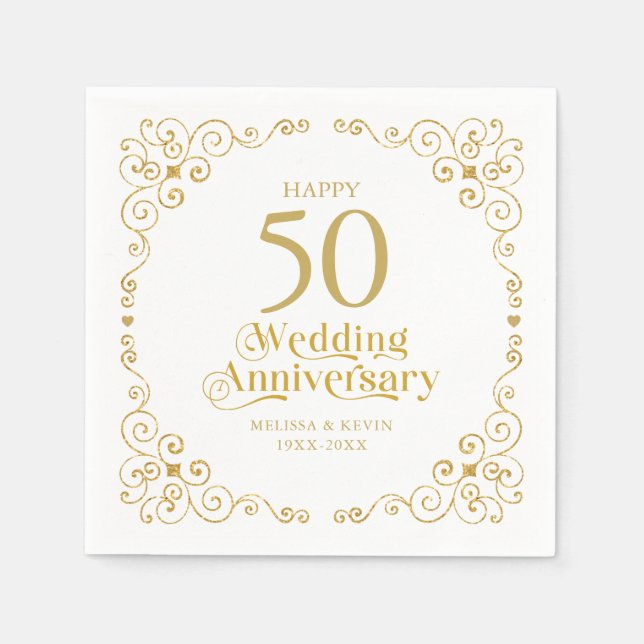 Serviette En Papier 50e anniversaire Mariage de perles d'or Frame Napk (Devant)