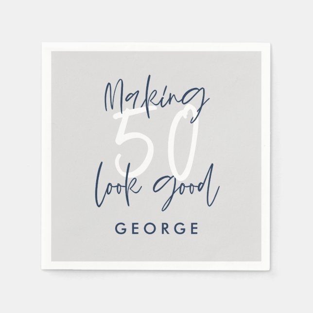 Serviette En Papier 50e anniversaire moderne gris + bleu marine photo  (Devant)