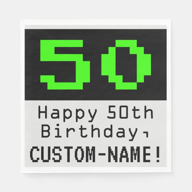 Serviette En Papier 50e anniversaire - Nerdy / Geeky Style "50" & Nom (Devant)